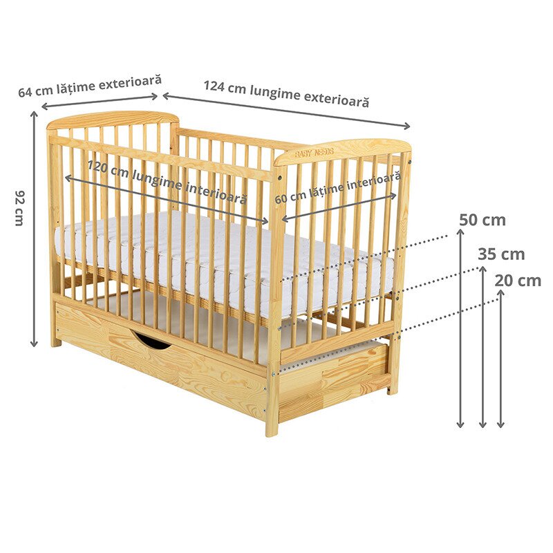 Pătuț BabyNeeds Ola 120x60 cm natur – schemă cu dimensiunile și înălțimile somierei
