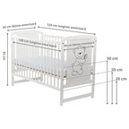Pătuț BabyNeeds Timmi alb – schemă cu dimensiunile și cele trei înălțimi ale suportului de saltea