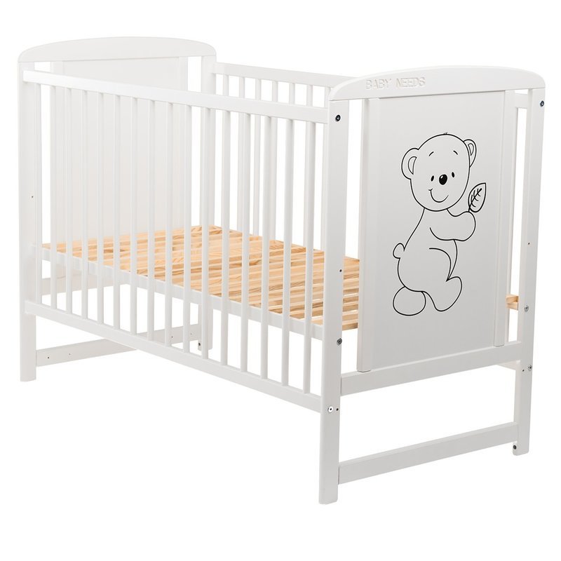 Pătuț BabyNeeds Timmi alb – vedere de ansamblu fără saltea, cu somiera din lamele vizibilă