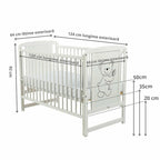 Pătuț BabyNeeds Timmi 120x60 cm alb – schemă cu dimensiunile și înălțimile somierei