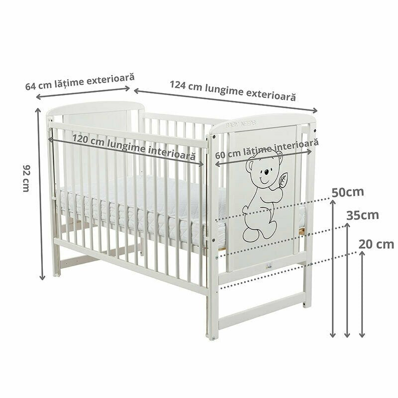 Patut din lemn bebe, 120x60 cm, Cu laterala culisanta, Din lemn de pin si mdf, Stabil si rezistent, Inaltime saltea reglabila pe 3 nivele, Laterala cu 3 bete detasabile, EN716-1, EN716-2, Alb, Babyneeds, Timmi + Saltea 8 cm