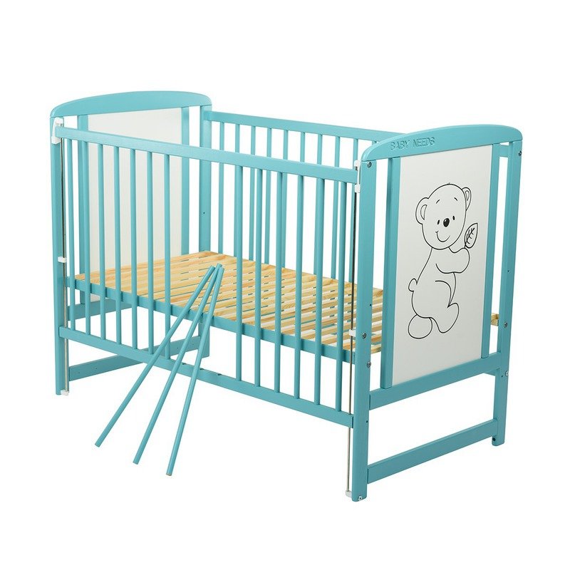Patut din lemn bebe, 120x60 cm, Cu laterala culisanta, Din lemn de pin si mdf, Stabil si rezistent, Inaltime saltea reglabila pe 3 nivele, Laterala cu 3 bete detasabile, EN716-1, EN716-2, Mint, Babyneeds, Timmi