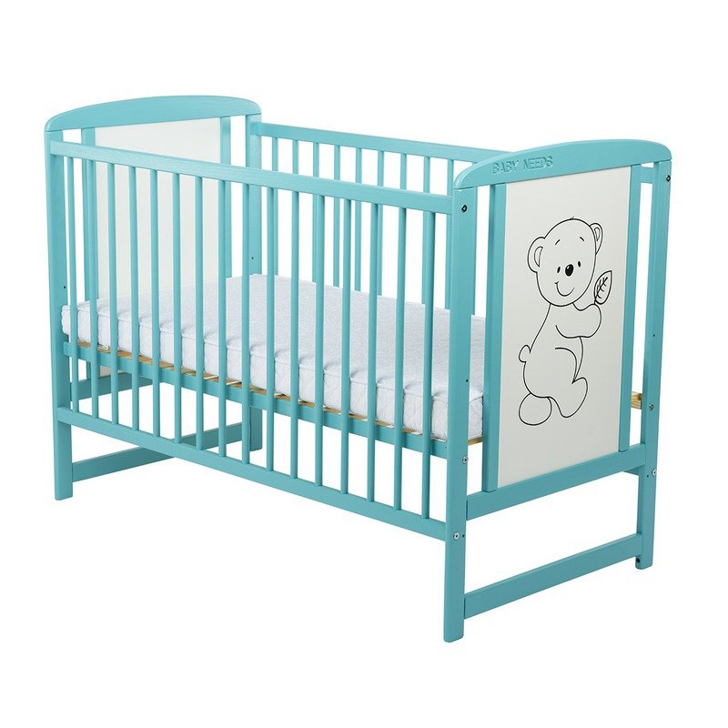 Pătuț BabyNeeds Timmi 120x60 cm mint – laterala ridicată și desenul cu ursuleț