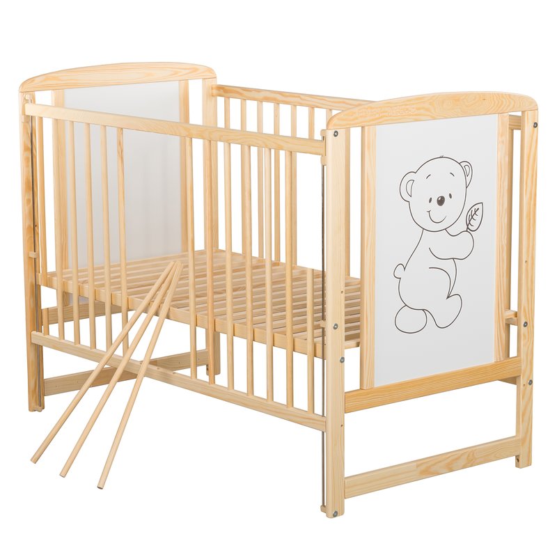 Patut din lemn bebe, 120x60 cm, Cu laterala culisanta, Din lemn de pin si mdf, Stabil si rezistent, Inaltime saltea reglabila pe 3 nivele, Laterala cu 3 bete detasabile, EN716-1, EN716-2, Natur, Babyneeds, Timmi