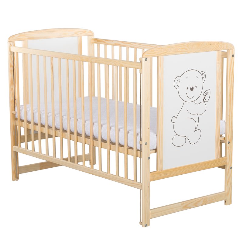 Pătuț BabyNeeds Timmi 120x60 cm natur – vedere de ansamblu cu laterala ridicată