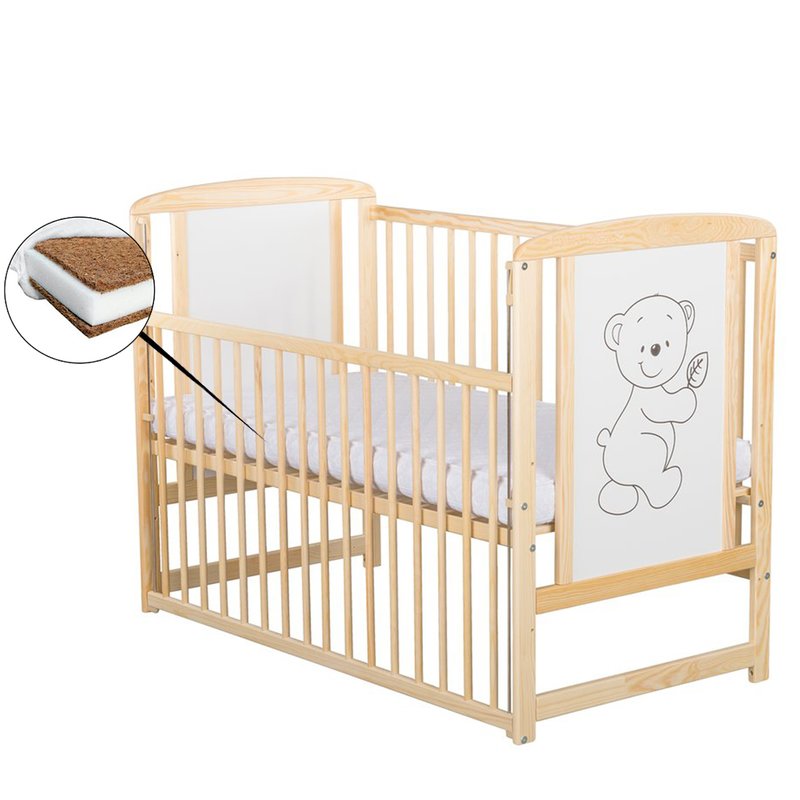 Pătuț din Lemn BabyNeeds Timmi 120x60 cm Natur cu Laterală Culisantă + Saltea 10 cm