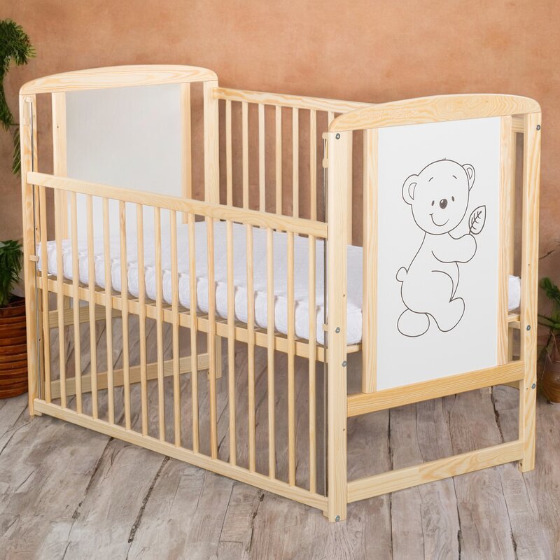 Pătuț din Lemn BabyNeeds Timmi 120x60 cm Natur cu Laterală Culisantă + Saltea 10 cm