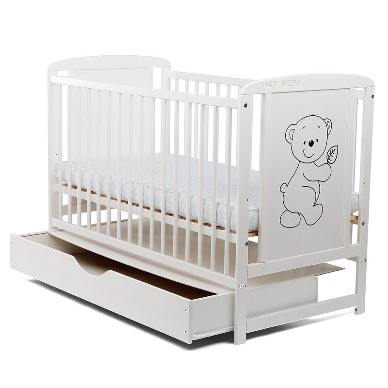 Patut din lemn bebe, 120x60 cm, Cu sertar cu capac, Din lemn de pin si mdf, Stabil si rezistent, Inaltime saltea reglabila pe 3 nivele, Laterala cu 3 bete detasabile, EN716-1, EN716-2, Alb, Babyneeds, Timmi