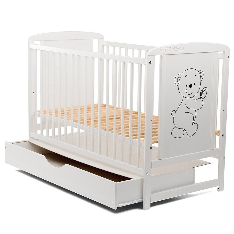 Patut din lemn bebe, 120x60 cm, Cu sertar cu capac, Din lemn de pin si mdf, Stabil si rezistent, Inaltime saltea reglabila pe 3 nivele, Laterala cu 3 bete detasabile, EN716-1, EN716-2, Alb, Babyneeds, Timmi