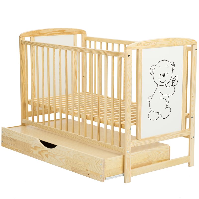 Pătuț BabyNeeds Timmi 120x60 cm natur – sertar deschis și somieră fără saltea