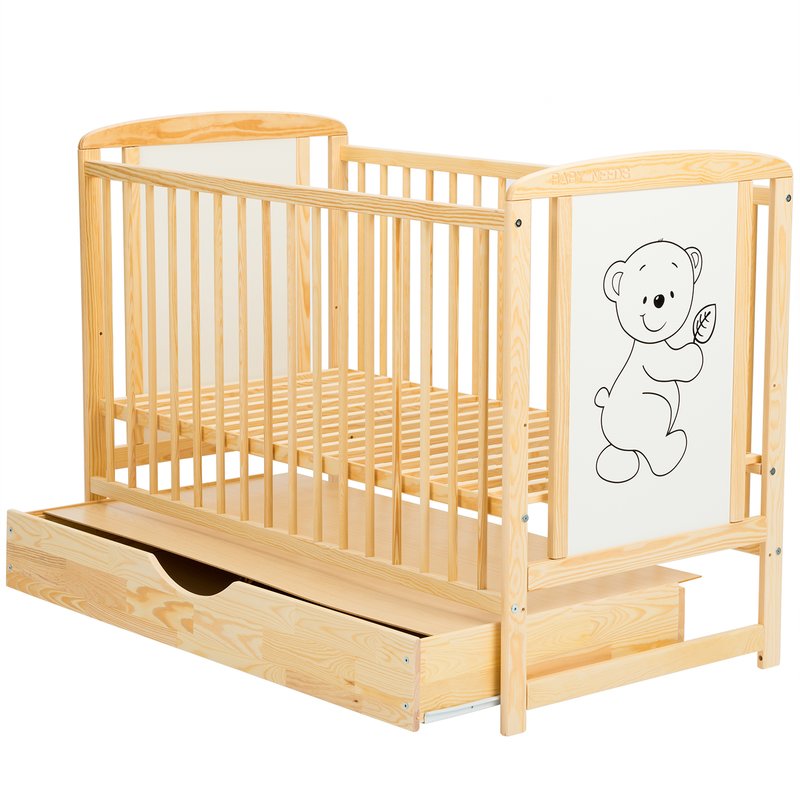 Patut din lemn bebe, 120x60 cm, Cu sertar cu capac, Din lemn de pin si mdf, Stabil si rezistent, Inaltime saltea reglabila pe 3 nivele, Laterala cu 3 bete detasabile, EN716-1, EN716-2, Natur, Babyneeds, Timmi