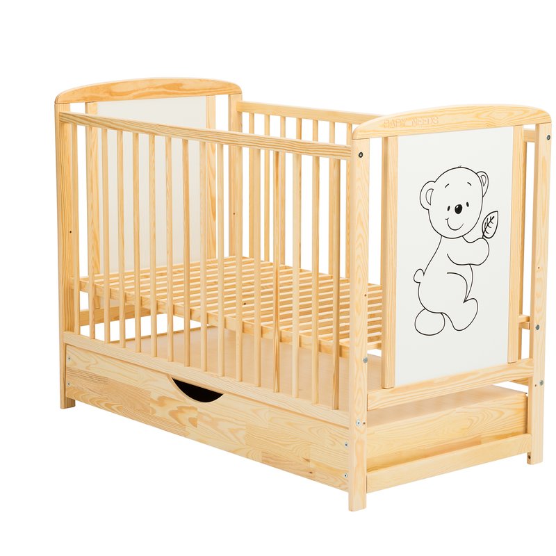 Patut din lemn bebe, 120x60 cm, Cu sertar cu capac, Din lemn de pin si mdf, Stabil si rezistent, Inaltime saltea reglabila pe 3 nivele, Laterala cu 3 bete detasabile, EN716-1, EN716-2, Natur, Babyneeds, Timmi