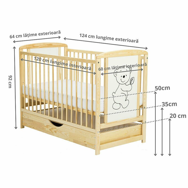 Pătuț BabyNeeds Timmi 120x60 cm natur – schemă cu dimensiunile și reglajele somierei