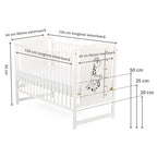 Pătuț BabyNeeds Timmi Girafa 120x60 cm alb – schemă cu dimensiunile și reglajele somierei