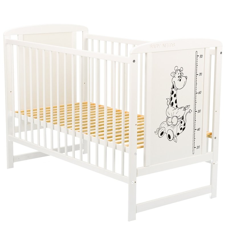 Patut din lemn bebe, 120x60 cm, Din lemn de pin si mdf, Stabil si rezistent, Inaltime saltea reglabila pe 3 nivele, Laterala cu 3 bete detasabile, EN716-1, EN716-2, Alb, Babyneeds, Timmi Girafa