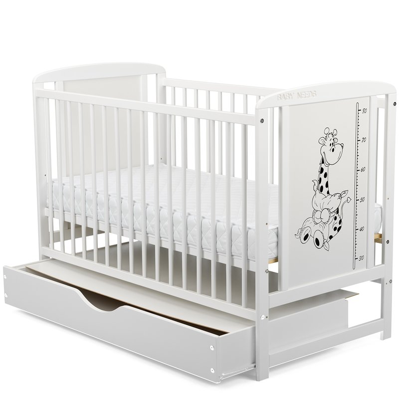 Pătuț din Lemn BabyNeeds Timmi Girafa 120x60 cm Alb cu Sertar + Saltea 10 cm