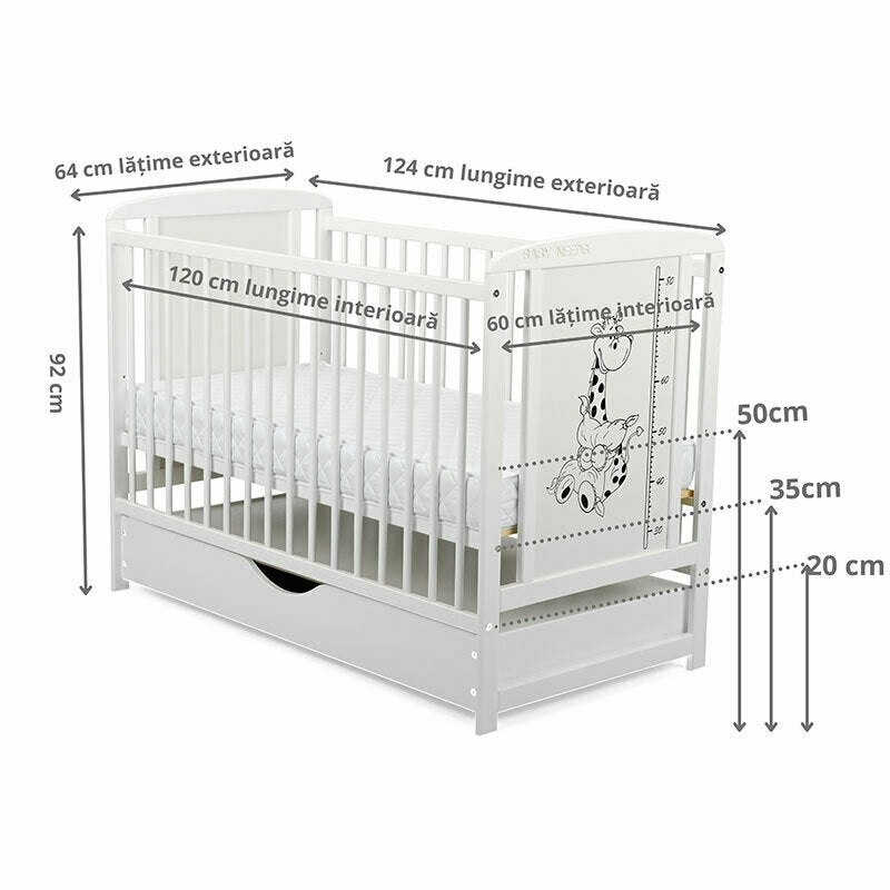 Pătuț din Lemn BabyNeeds Timmi Girafa 120x60 cm Alb cu Sertar + Saltea 12 cm