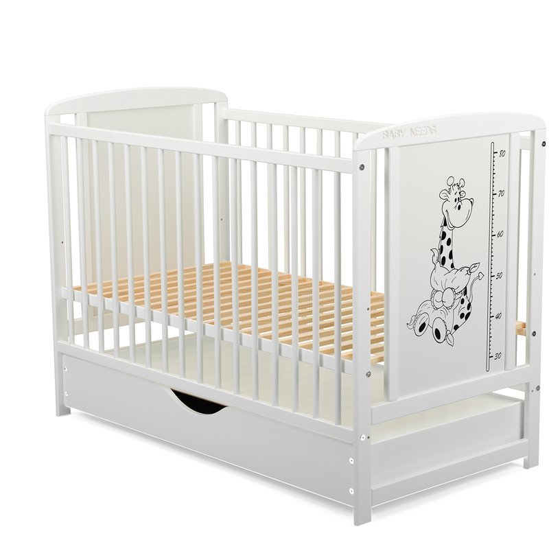 Pătuț din Lemn BabyNeeds Timmi Girafa 120x60 cm Alb cu Sertar + Saltea 12 cm