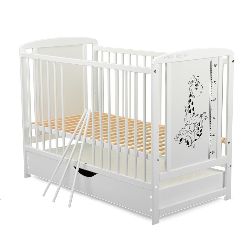 Pătuț din Lemn BabyNeeds Timmi Girafa 120x60 cm Alb cu Sertar + Saltea 8 cm