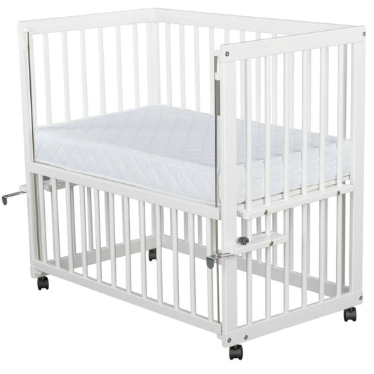 Patut co-sleeper, Qmini, Dalia, Multifunctional, 90x50 cm, Din lemn de pin, Reglabil pe orice treapta de inaltime la patul parintilor, Sistem de ancorare si roti cu frana incluse, Alb