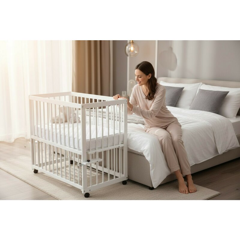 Patut Co-Sleeper Multifunctional Qmini Dalia Lemn Masiv de Pin