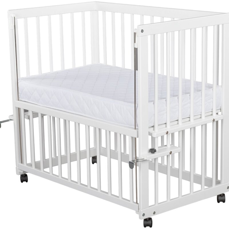 Pătuț co-sleeper Qmini Dalia 90x50 cm, cu saltea 8 cm, Alb – prezentare produs