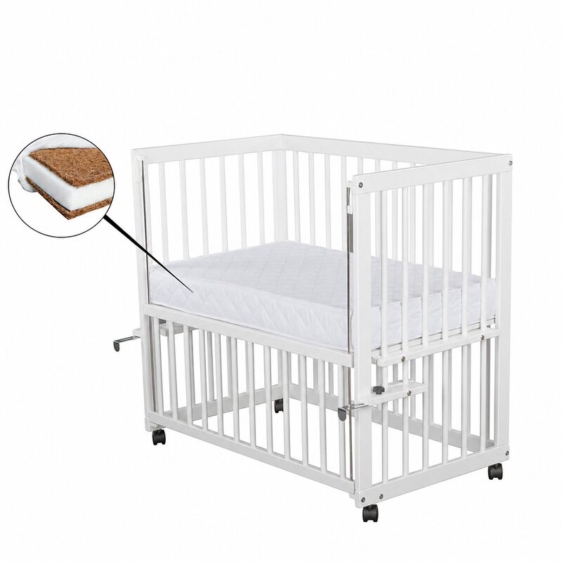 Pătuț co-sleeper Qmini Dalia 90x50 cm, cu saltea 8 cm, Alb – vedere produs