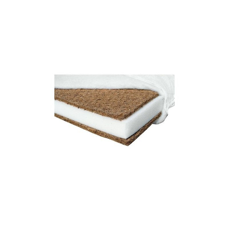 Saltea BabyNeeds Cocos Confort II 120x60x12 cm albă – secțiune cu straturile de cocos și burete, sub husa deschisă