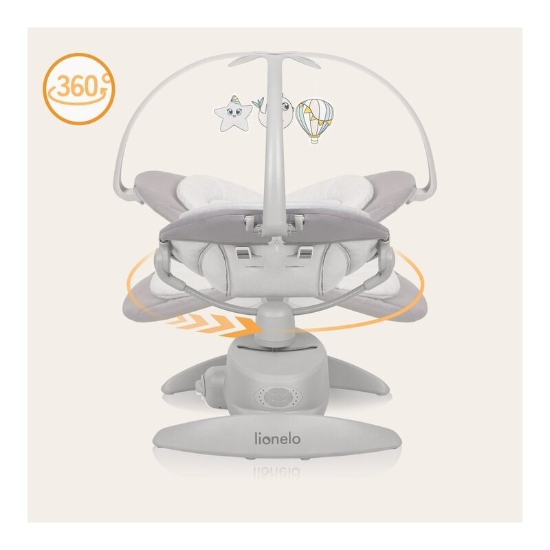 Balansoar, Lionelo, Mell, 2 in 1, Rotire 360 grade, Electric, Cu 3 moduri de leganare, Cu 5 trepte de viteza, Cu 3 pozitii de inclinare, Cu timer, 12 melodii si 2 sunete ale naturii, Pana la 9 kg, Gri