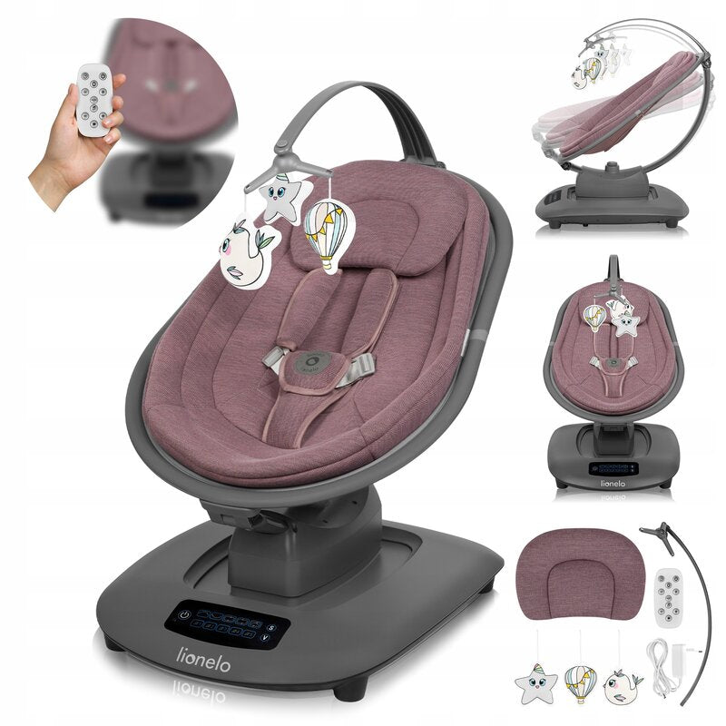 Balansoar si sezlong, Lionelo, Blossom, 5 melodii, 5 moduri de balansare, Cu jucarii, Husa respirabila, 60% bambus, Cu telecomanda, Reglare pozitie scaun pentru somn, Pana la 9 kg, Mov