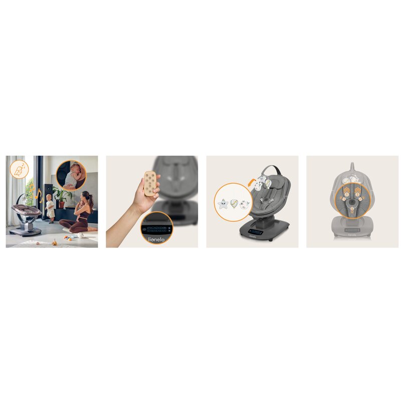 Balansoar si sezlong, Lionelo, Blossom, 5 melodii, 5 moduri de balansare, Cu jucarii, Husa respirabila, 60% bambus, Cu telecomanda, Reglare pozitie scaun pentru somn, Pana la 9 kg, Gri
