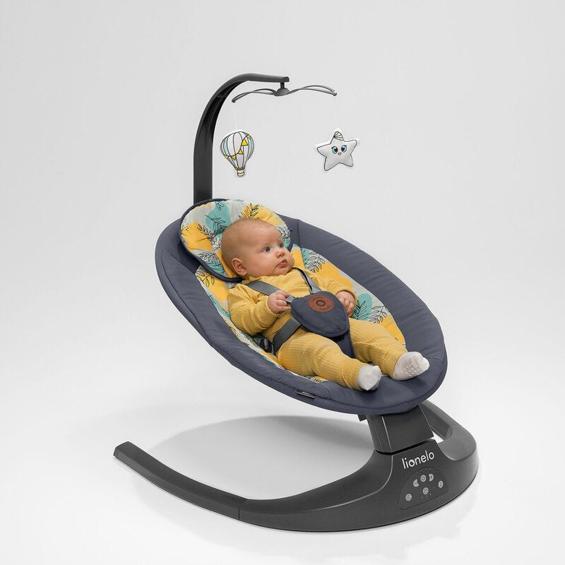 Balansoar si sezlong, Lionelo, Ralf, 2 in 1, Electric, Cu telecomanda si cablu USB, Cu miscare laterala de balansare si 5 niveluri diferite de viteza, Cu 12 melodii, Gri
