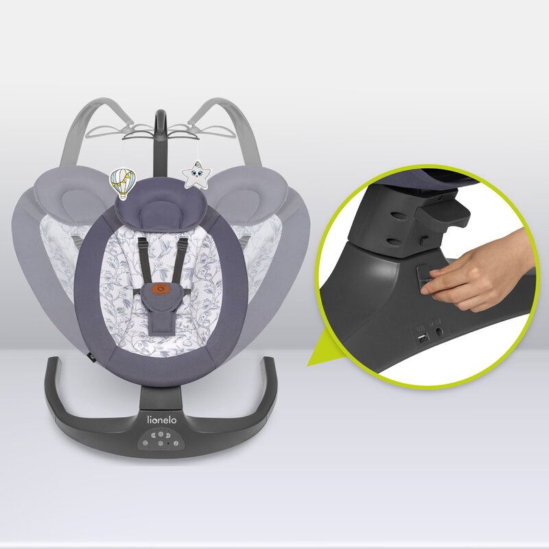 Balansoar si sezlong, Lionelo, Ralf, 2 in 1, Electric, Cu telecomanda si cablu USB, Cu miscare laterala de balansare si 5 niveluri diferite de viteza, Cu 12 melodii, Gri/Alb