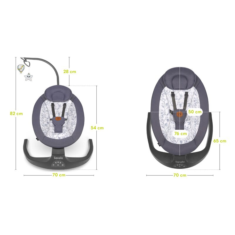 Balansoar si sezlong, Lionelo, Ralf, 2 in 1, Electric, Cu telecomanda si cablu USB, Cu miscare laterala de balansare si 5 niveluri diferite de viteza, Cu 12 melodii, Gri/Alb
