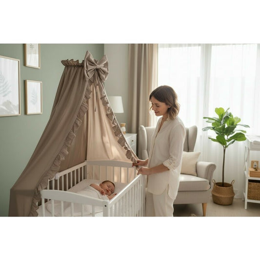 Baldachin, MimiNu, Pentru patut, Cu funda si volanas, 210x145 cm, Material certificat Oeko Tex Standard 100, Colectia Royal, Mocha