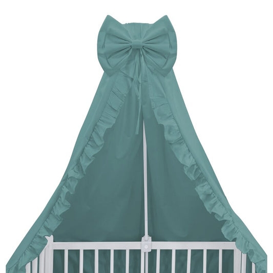 Baldachin, MimiNu, Pentru patut, Cu funda si volanas, 210x145 cm, Material certificat Oeko Tex Standard 100, Colectia Royal, Nepal Green