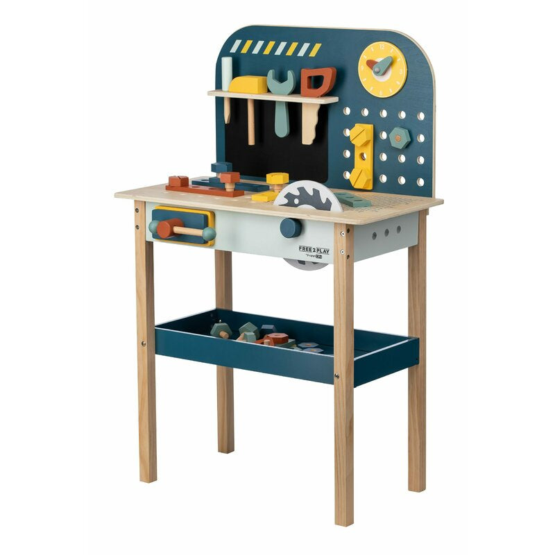 Banc de lucru, Free2Play, My first wooden Work Bench, Cu diverse unelte si accesorii, Pliabil, 55 x 28,5 x 85 cm, 36 luni+, Multicolor