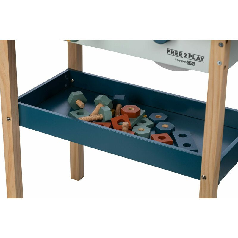 Banc de lucru, Free2Play, My first wooden Work Bench, Cu diverse unelte si accesorii, Pliabil, 55 x 28,5 x 85 cm, 36 luni+, Multicolor