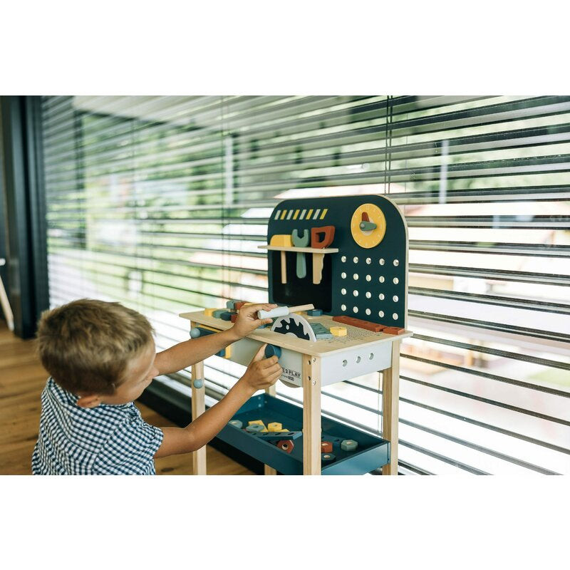 Banc de lucru, Free2Play, My first wooden Work Bench, Cu diverse unelte si accesorii, Pliabil, 55 x 28,5 x 85 cm, 36 luni+, Multicolor