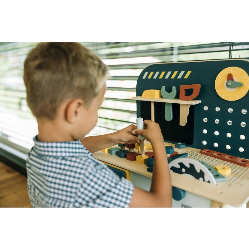 Banc de lucru, Free2Play, My first wooden Work Bench, Cu diverse unelte si accesorii, Pliabil, 55 x 28,5 x 85 cm, 36 luni+, Multicolor
