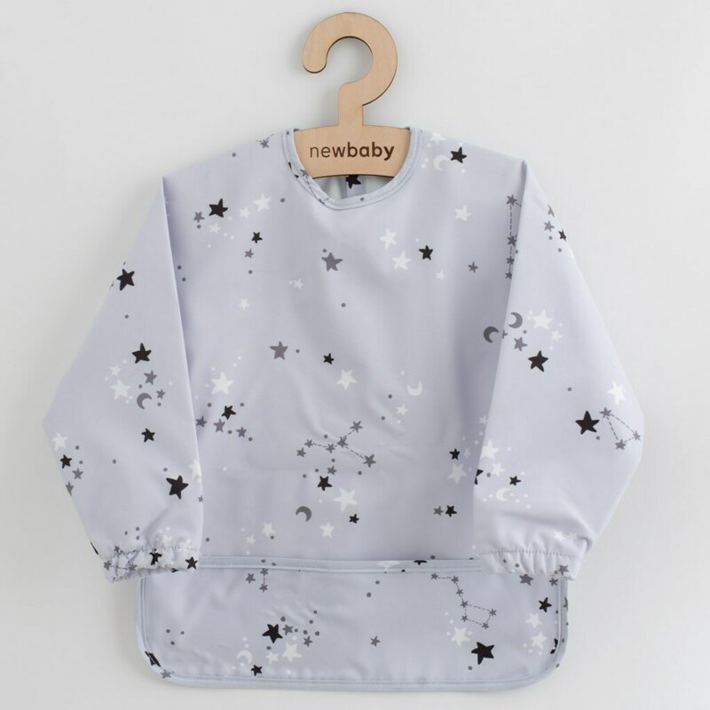 Baveta cu maneci New Baby Stars 45x36 cm, Gri – vedere frontală cu buzunar și mâneci