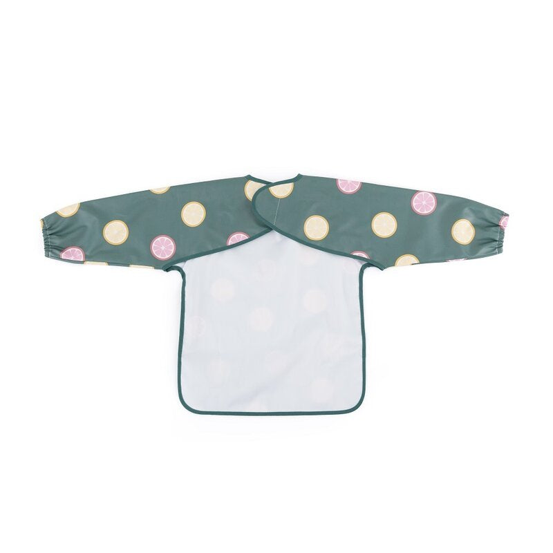 Baveta impermeabila, Petite&Mars, Cu maneci lungi, Usor de curatat, inchidere prin velcro, Dimensiune 38x42 cm, 24 luni+, Beige Citrus