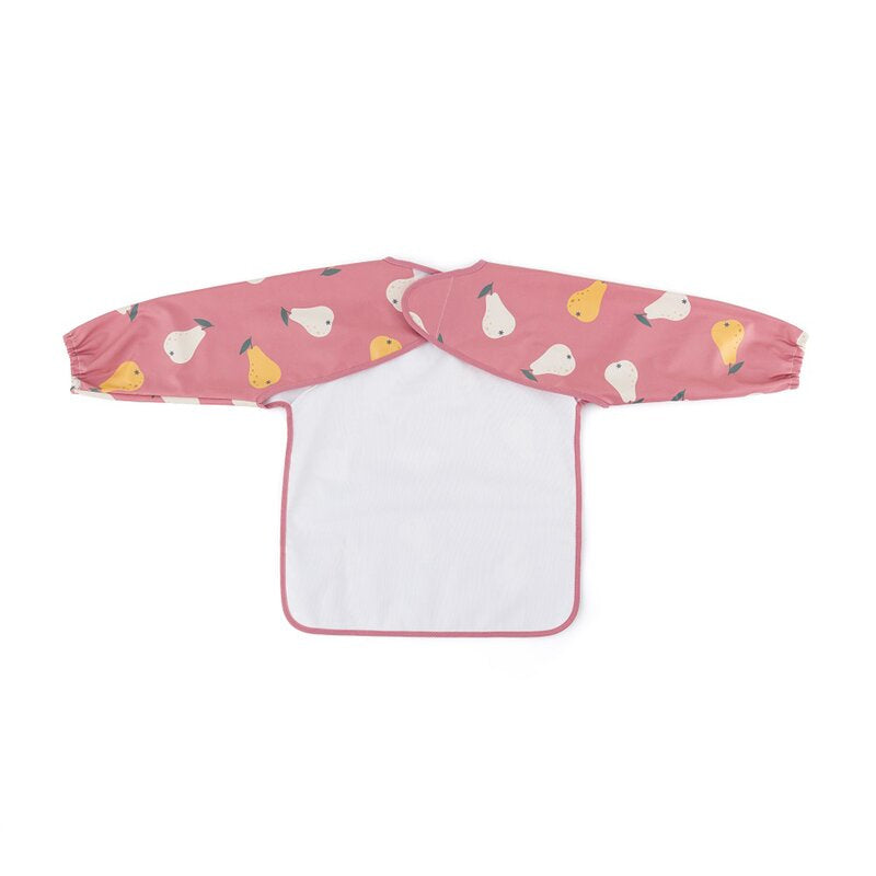 Baveta impermeabila, Petite&Mars, Cu maneci lungi, Usor de curatat, inchidere prin velcro, Dimensiune 38x42 cm, 24 luni+, Pink Pears