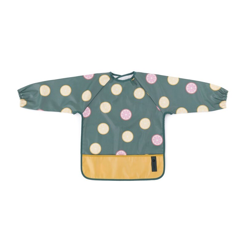 Baveta impermeabila, Petite&Mars, Cu maneci lungi, Usor de curatat, inchidere prin velcro, Dimensiune 38x42 cm, 24 luni+, Beige Citrus