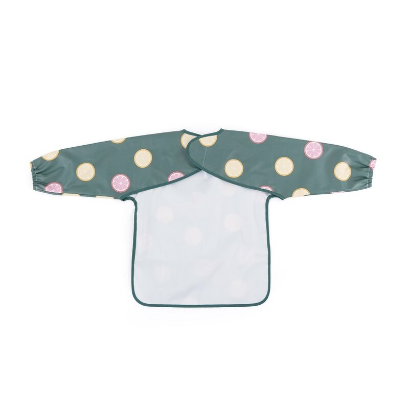 Baveta impermeabila, Petite&Mars, Cu maneci lungi, Usor de curatat, inchidere prin velcro, Dimensiune 38x42 cm, 24 luni+, Beige Citrus