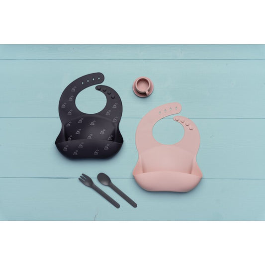 Baveta moale, Petite&Mars, Sam, Din silicon, Cu rezervor, Fara BPA, PVC si Ftalati, Dealuri Gri