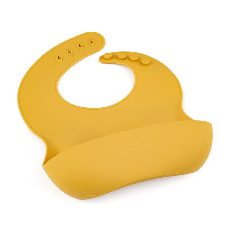 Baveta moale, Petite&Mars, Take&Match, Reglabil, Cu buzunar colector, Silicon, Fara BPA, 6 luni+, Galben