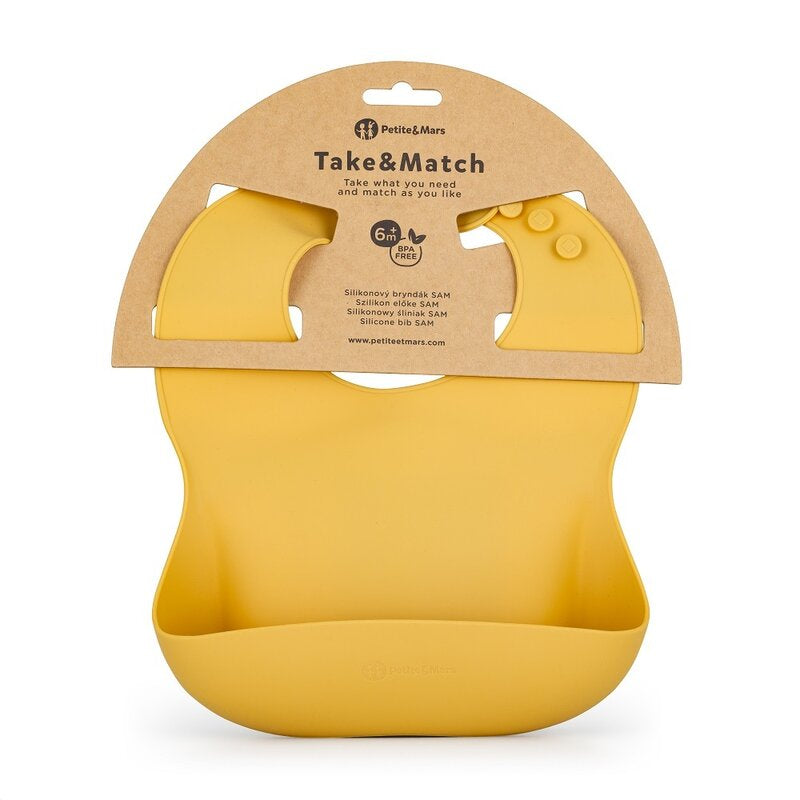 Baveta moale, Petite&Mars, Take&Match, Reglabil, Cu buzunar colector, Silicon, Fara BPA, 6 luni+, Galben