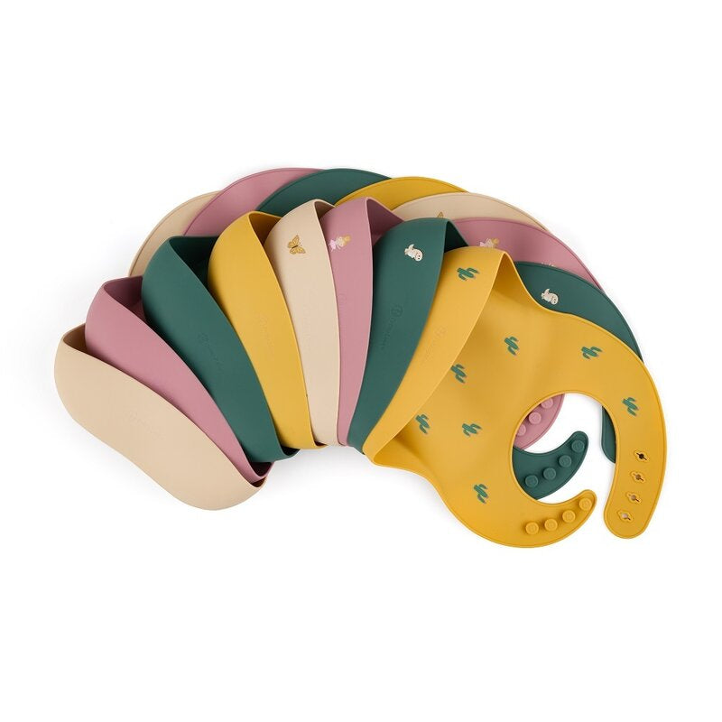 Baveta moale, Petite&Mars, Take&Match, Reglabil, Cu buzunar colector, Silicon, Fara BPA, 6 luni+, Model cactus, Galben