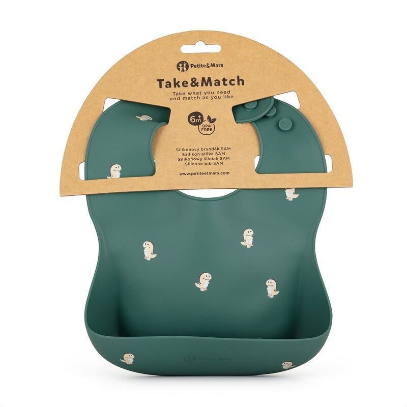 Baveta moale, Petite&Mars, Take&Match, Reglabil, Cu buzunar colector, Silicon, Fara BPA, 6 luni+, Model dinozauri, Verde